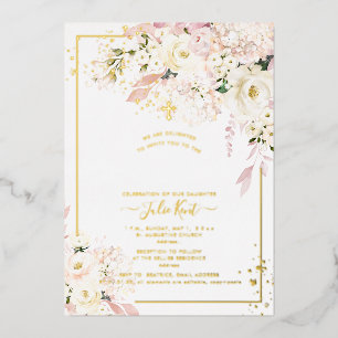 PixDezines H2 Hydrangeas Blush Roses Baptism Foil Invitation