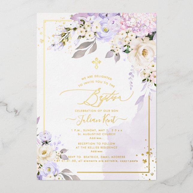 PixDezines H2 Hydrangeas Cream Roses Baptism Foil  Foil Invitation (Front)