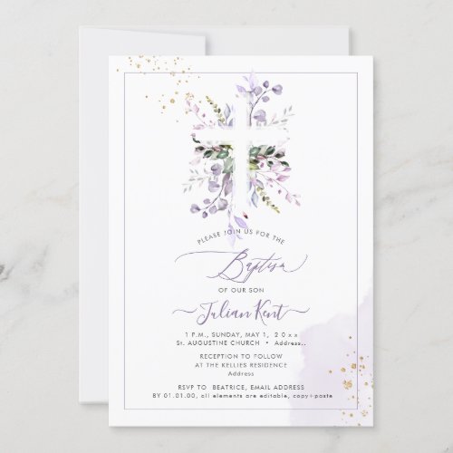 PixDezines H2 Lilac Purple Eucalyptus Baptism Invitation