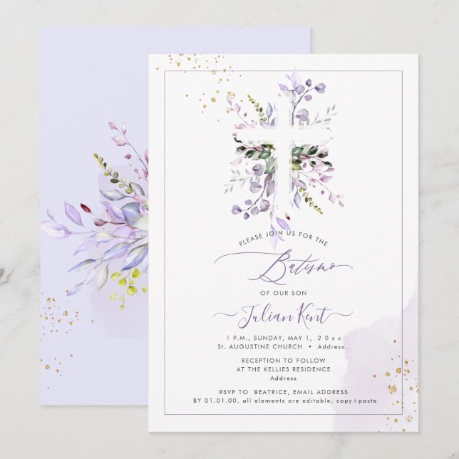 PixDezines H2 Lilac Purple Eucalyptus Batismo Invitation (Front/Back)