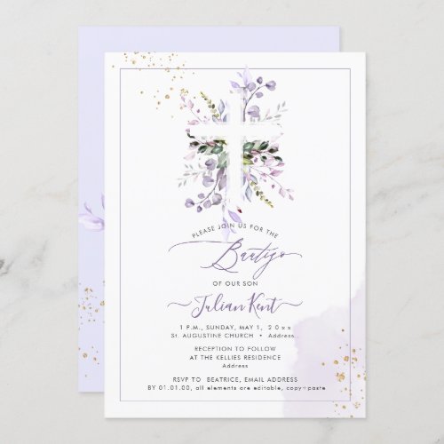 PixDezines H2 Lilac Purple Eucalyptus Bautizo Invitation