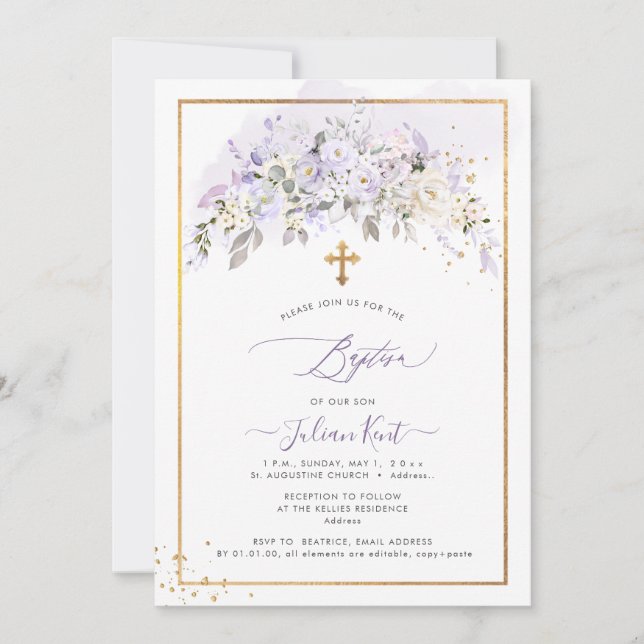 PixDezines H2 Lilac Purple Flowers Baptism Invitation (Front)