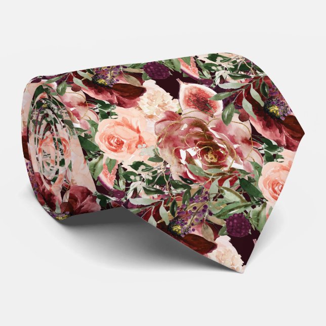 PixDezines H2 Marsala Boho Blush Burgundy Flowers  Neck Tie (Rolled)