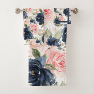 PixDezines H2 Navy Blue Blush Pink Roses Bath Towel Set