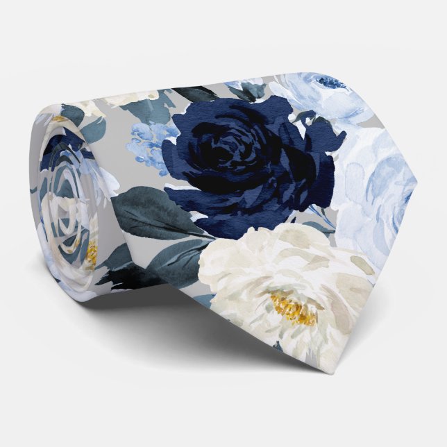 PixDezines H2 Navy+Dusty Blue Roses Neck Tie (Rolled)