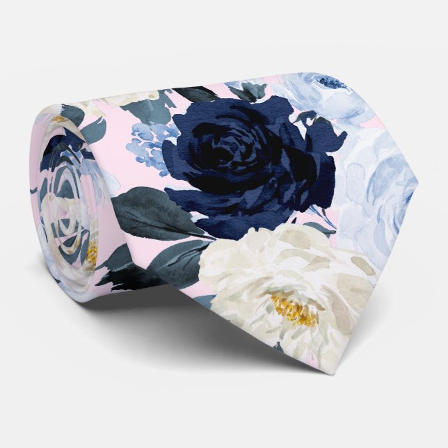PixDezines H2 Navy+Dusty Blue Roses Neck Tie (Rolled)