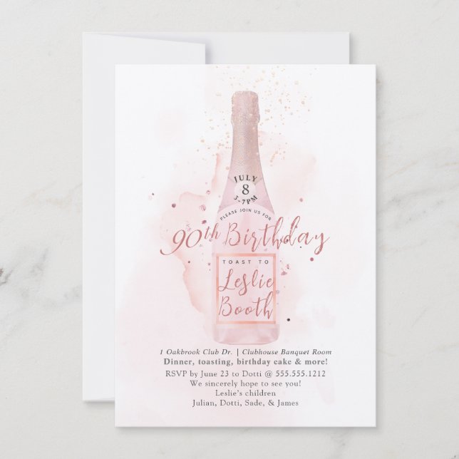 PixDezines H2 Pink Champagne 90 Birthday Invitation (Front)