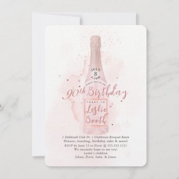 Pixdezines H2 Pink Champagne 90 Birthday Invitation by custom_stationery at Zazzle