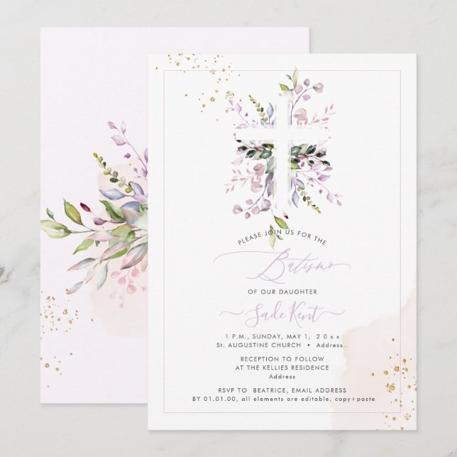 PixDezines H2 Pink Eucalyptus Batismo Invitation (Front/Back)