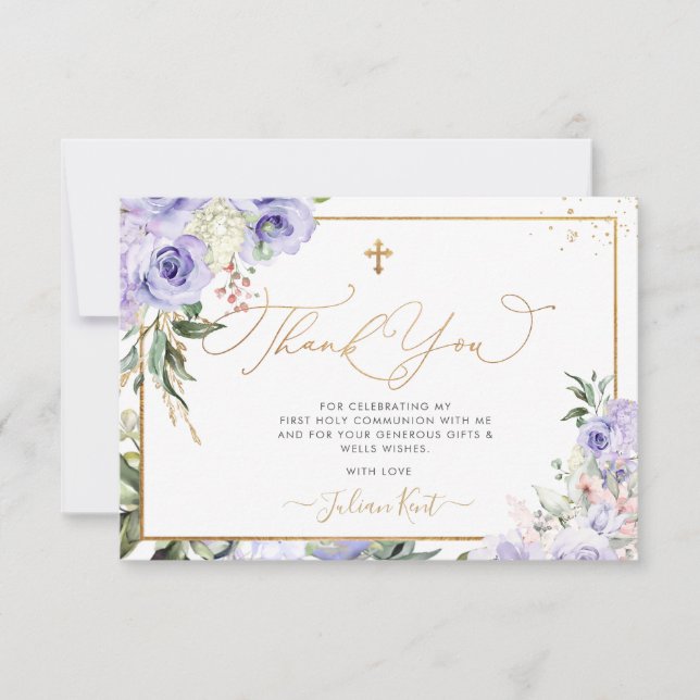 PixDezines H2 Purple Roses Communion Thank You Invitation (Front)