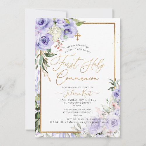 PixDezines H2 Purple Roses First Holy Communion Invitation