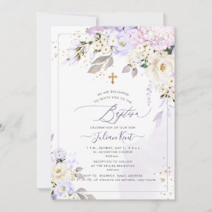 PixDezines H2 PurpleHydrangeas Cream Roses Baptism Invitation