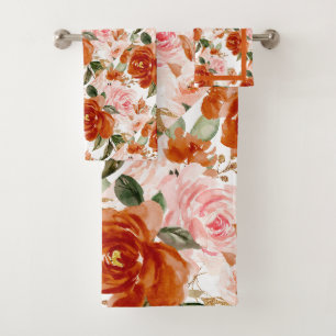 PixDezines H2 Rust Orange n Blush Pink Roses Bath Towel Set