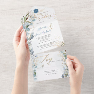 PixDezines H2 Rustic Dusty Blue Eucalyptus Gold All In One Invitation