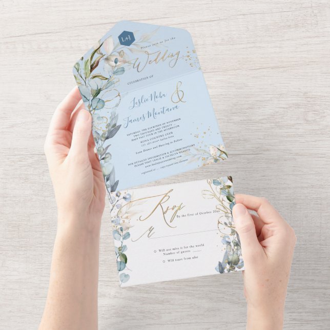 PixDezines H2 Rustic Dusty Blue Eucalyptus Gold All In One Invitation (Tearaway)