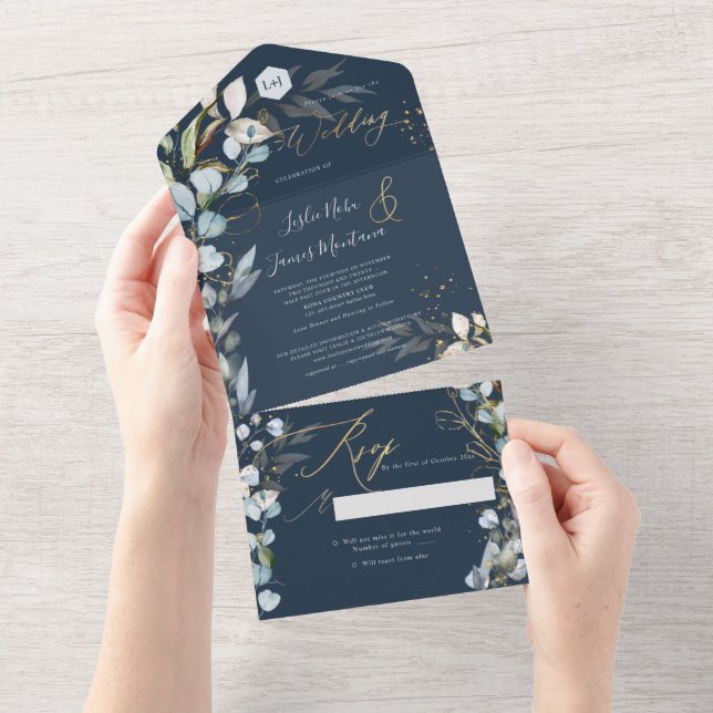 PixDezines H2 Rustic Dusty Blue Eucalyptus Gold All In One Invitation (Tearaway)