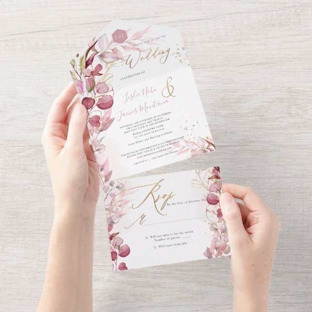 PixDezines H2 Rustic Dusty Rose Eucalyptus Gold All In One Invitation (Tearaway)