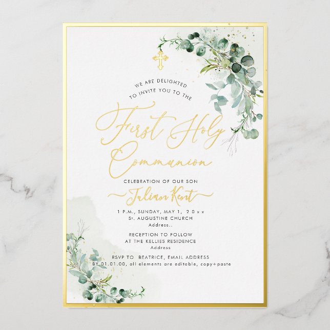PixDezines H2 Rustic Eucalyptus First Communion Foil Invitation (Front)