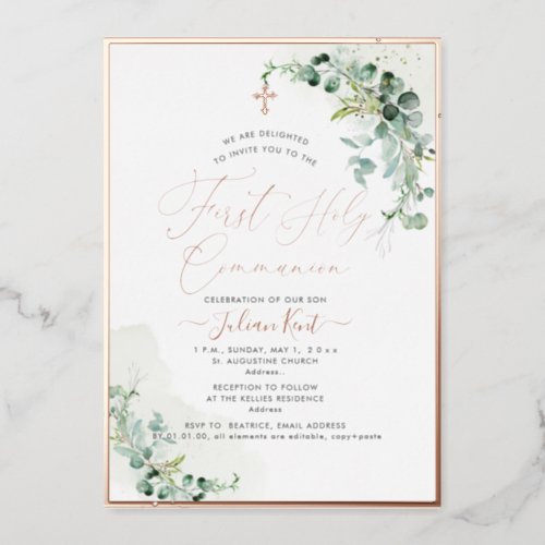 PixDezines H2 Rustic Eucalyptus First Communion Foil Invitation