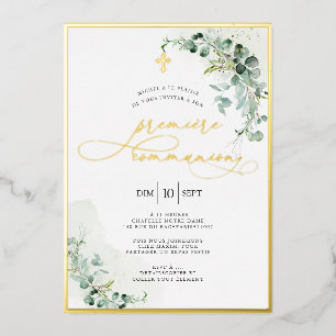 PixDezines H2 Rustic Eucalyptus Première Communion Foil Invitation