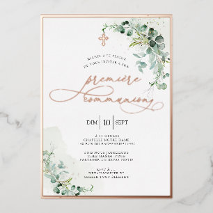 PixDezines H2 Rustic Eucalyptus Première Communion Foil Invitation
