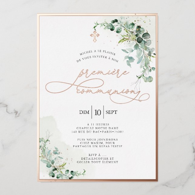 PixDezines H2 Rustic Eucalyptus Première Communion Foil Invitation (Front)