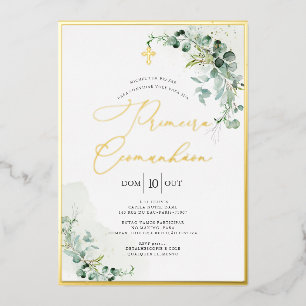 PixDezines H2 Rustic Eucalyptus Primeira Comunhão Foil Invitation
