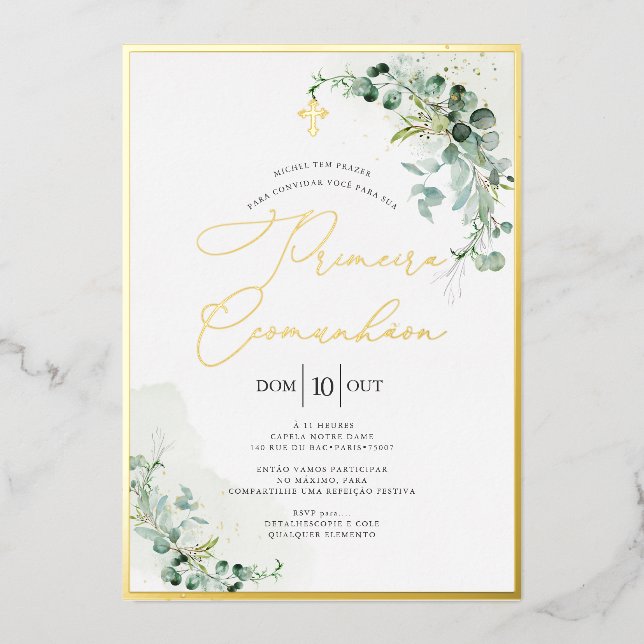 PixDezines H2 Rustic Eucalyptus Primeira Comunhão Foil Invitation (Front)
