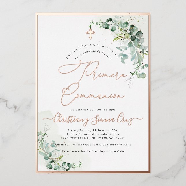 PixDezines H2 Rustic Eucalyptus Primera Communion  Foil Invitation (Front)