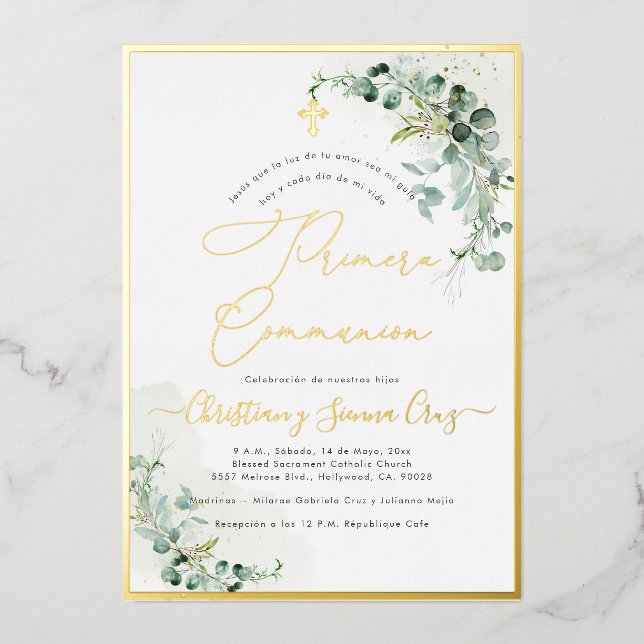 PixDezines H2 Rustic Eucalyptus Primera Communion Foil Invitation (Front)