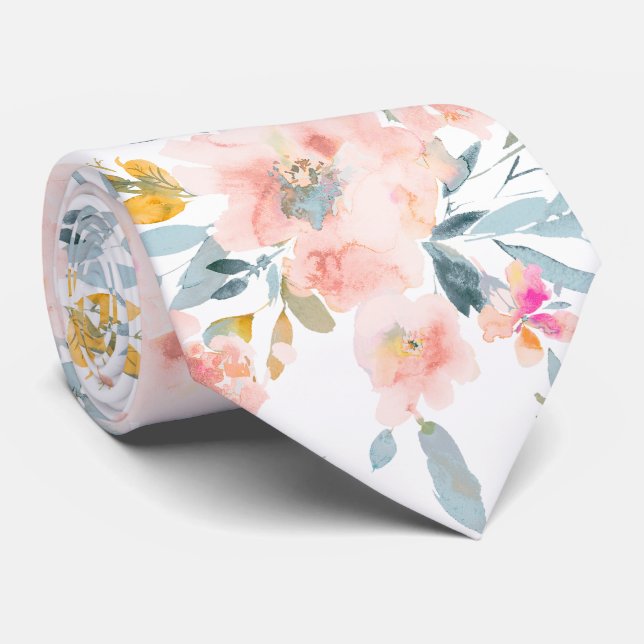 PixDezines H2 Spring Flowers Blush+Blue Neck Tie (Rolled)