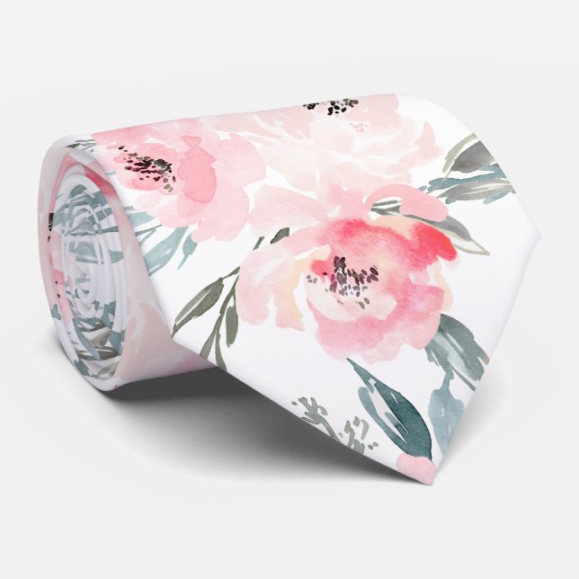 PixDezines H2 Spring Flowers Blush+Slate Blue Neck Tie (Rolled)