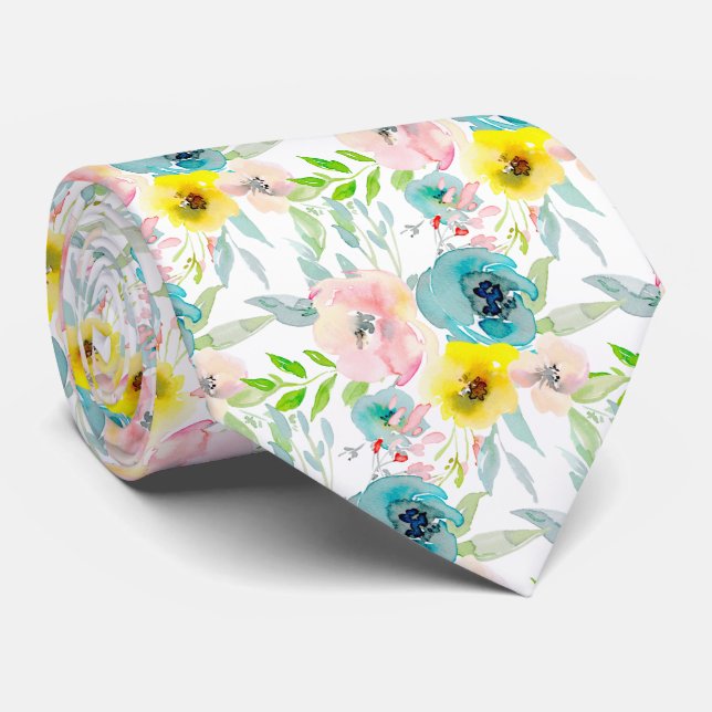 PixDezines H2 Spring Flowers Blush Teal Yellow Neck Tie (Rolled)