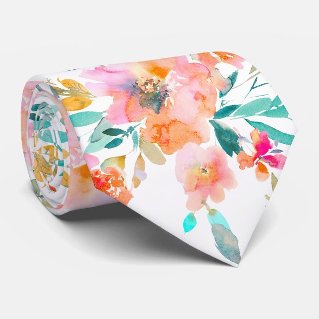 PixDezines H2 Spring Flowers Jade Orange Neck Tie (Rolled)