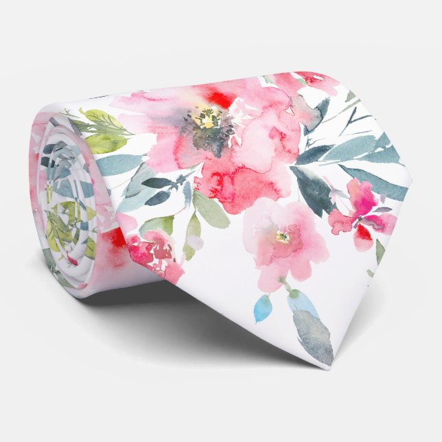 PixDezines H2 Spring Flowers Pink Red Dusty Blue  Neck Tie (Rolled)