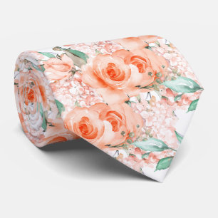 PixDezines H2 Summer Coral Orange Roses Hydrangea Neck Tie