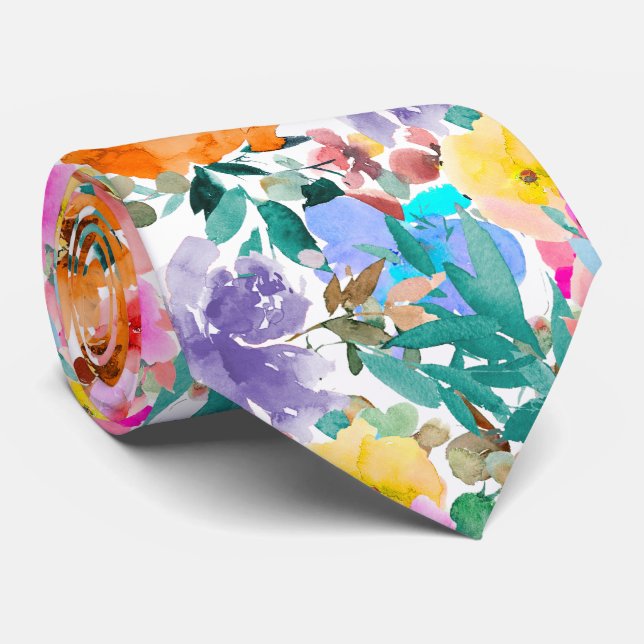 PixDezines H2 Summer Flowers Bright Hues Neck Tie (Rolled)