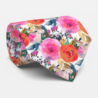 PixDezines H2 Summer Flowers Hot Pink Orange Neck Tie