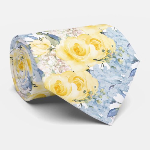 PixDezines H2 Summer Yellow Roses Blue Hydrangea Neck Tie