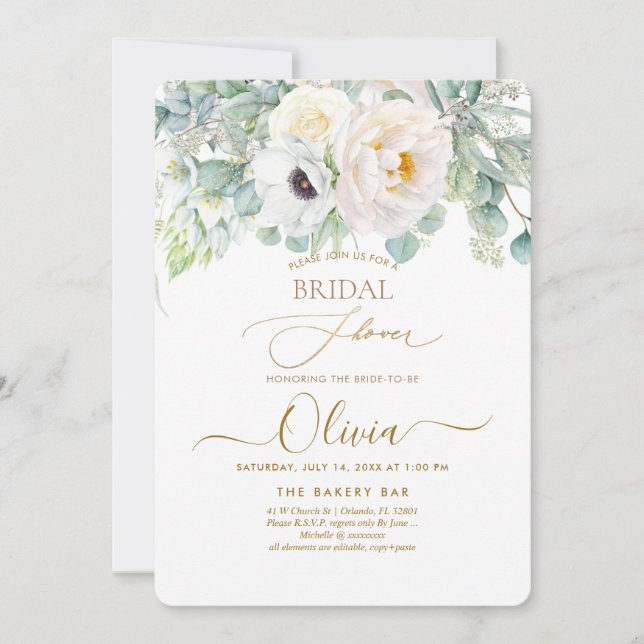 PixDezines H2 White Peonies Anemone Bridal Shower Invitation (Front)