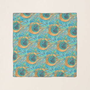 PixDezines Handdrawn H2 Peacock/Cobalt/Aqua Blue Scarf