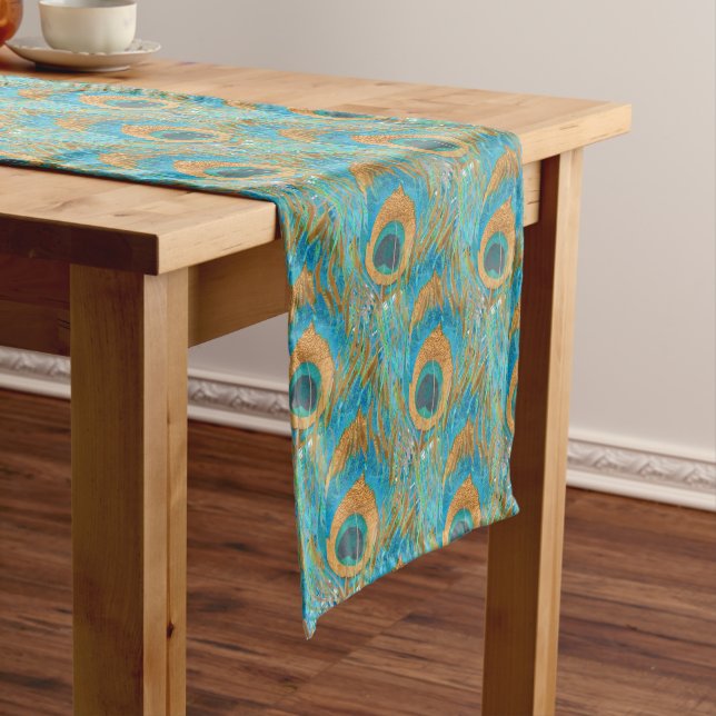 PixDezines Handdrawn H2 Peacock/Cobalt/Aqua Blue Short Table Runner (In Situ)