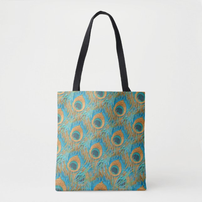 PixDezines Handdrawn H2 Peacock/Cobalt/Aqua Blue Tote Bag (Front)