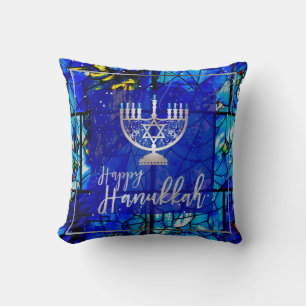 PixDezines Happy Hanukkah Stained Glass Throw Pillow