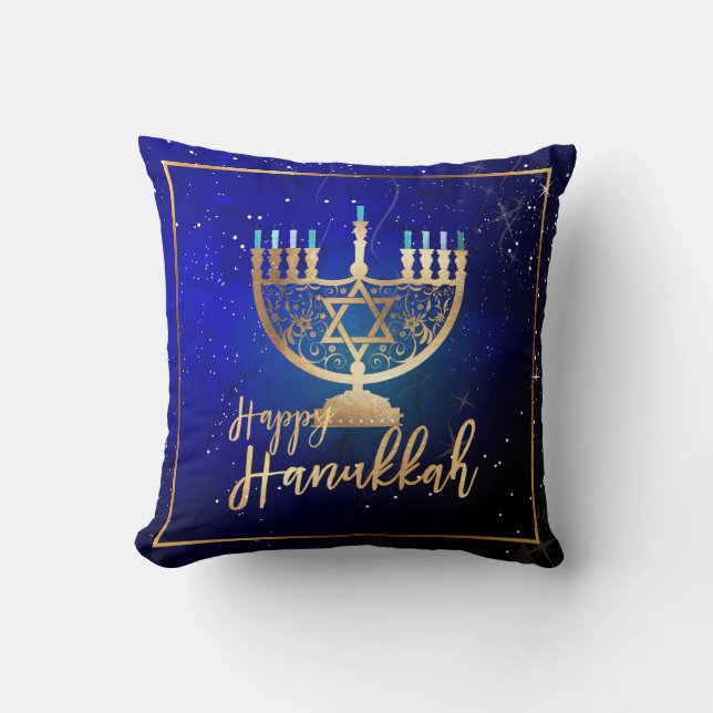 PixDezines Happy Hanukkah|Temple Menorah Throw Pillow (Front)