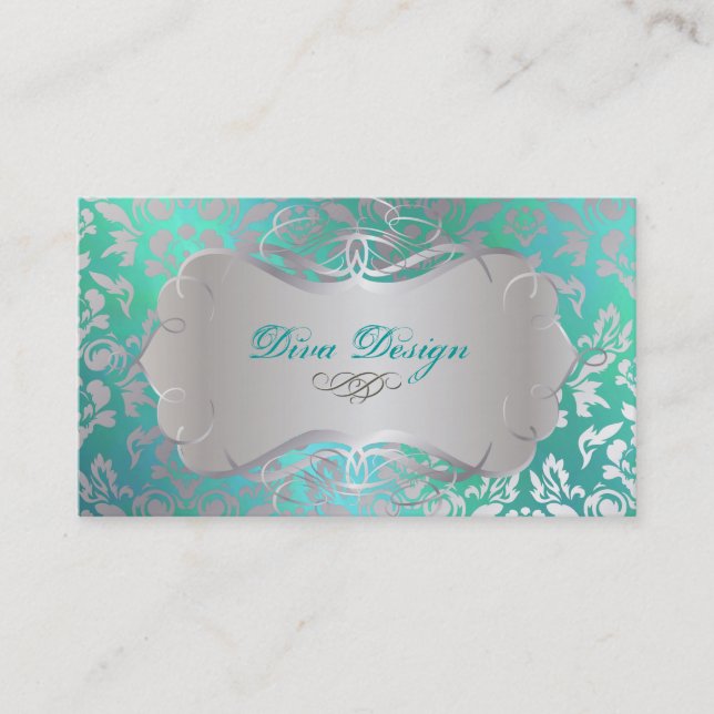 PixDezines Haute Coutour Damask, Faux Silver Business Card (Front)