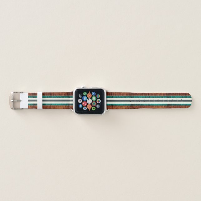 PIXDEZINES HAWAII, KOA WOOD SURFBOARD, TEAL APPLE WATCH BAND (Front)