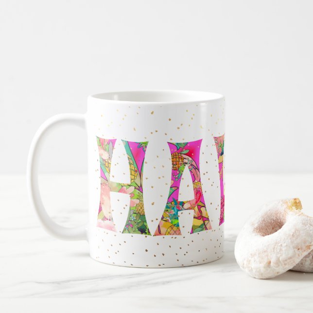 PixDezines Hawaii Pineapple Collage Watercolor Coffee Mug (With Donut)