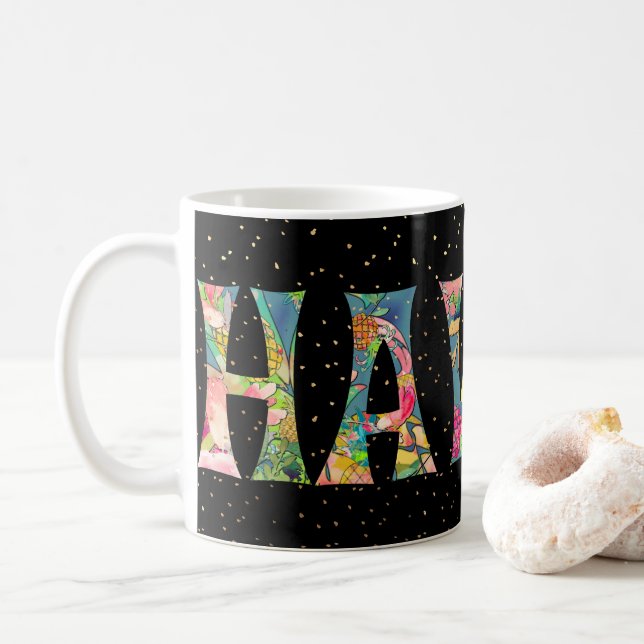 PixDezines Hawaii Pineapple Collage Watercolor Coffee Mug (With Donut)