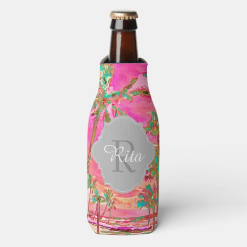 PixDezines HawaiiVintageBeachPinkTeal Bottle Cooler